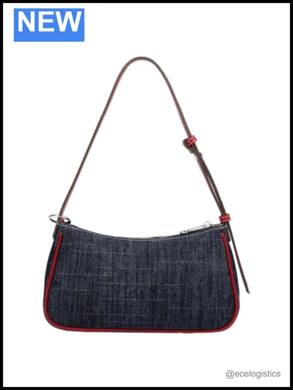 Denim-Blend Shoulder Bag with Rhinestone Logo, Adjustable Strap